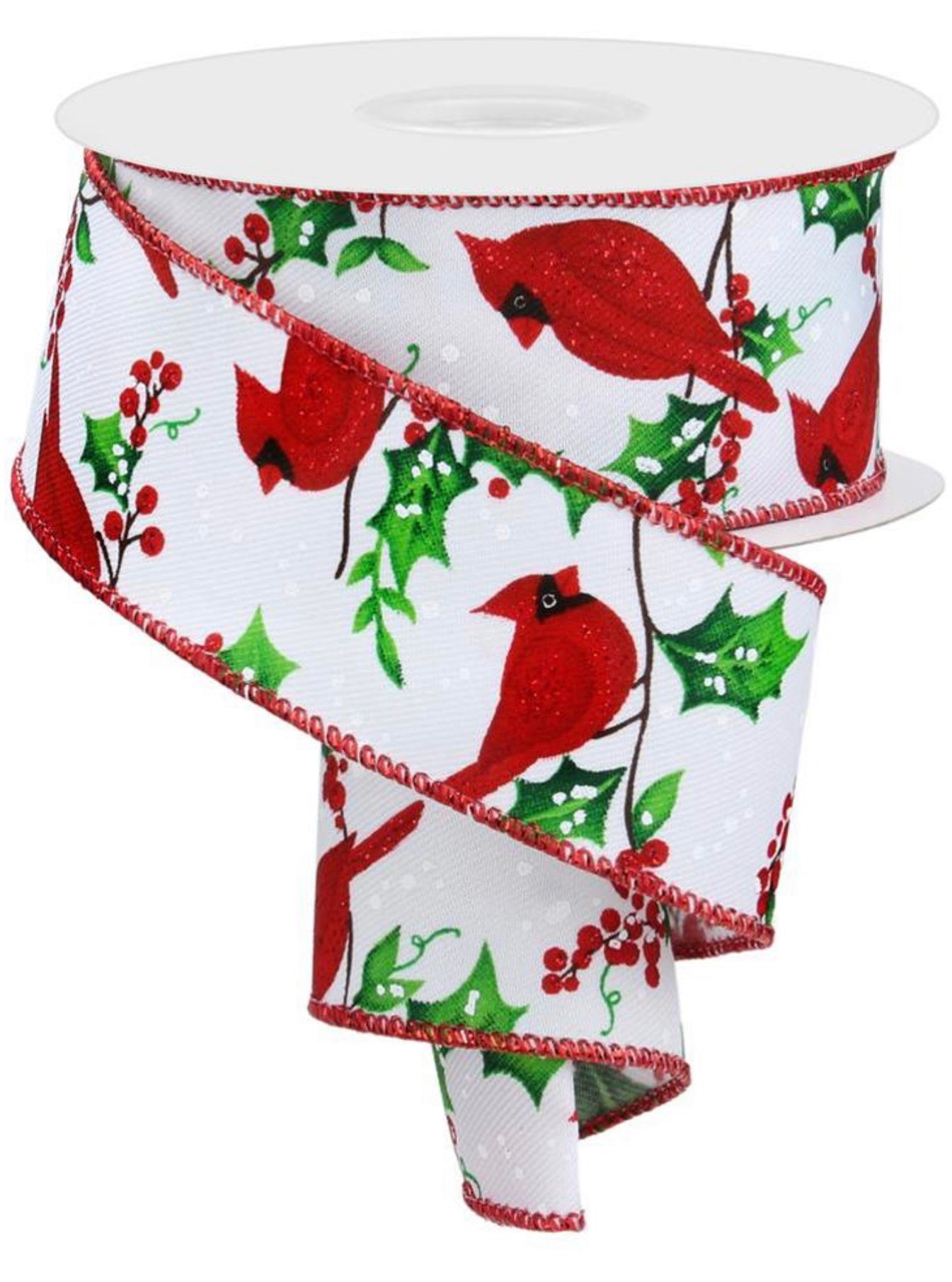 10 Yards - 1.5” Wired Holly Berry Cardinal Glitter Ribbon ...