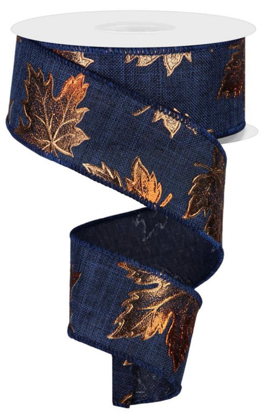 10 Yards - 1.5” Wired Navy Blue Background with Orange Foil Fall Leaves Ribbon