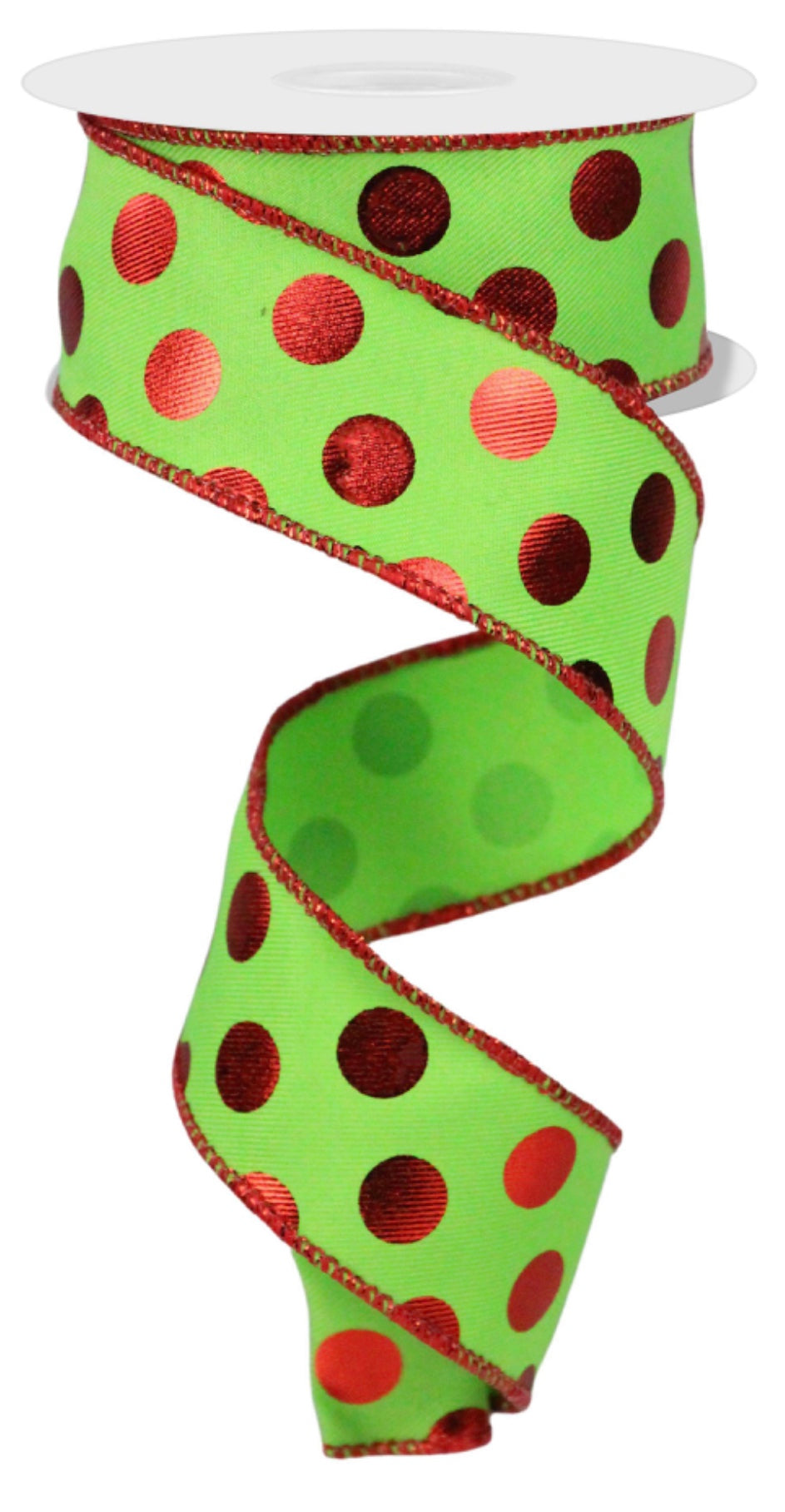 10 Yards - 1.5" Wired Lime Green and Metallic Red Polka Dot Christmas Ribbon