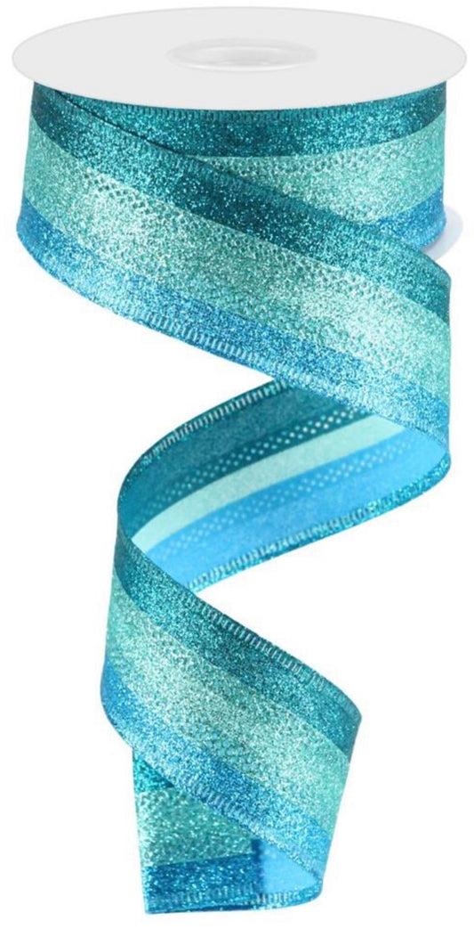 10 Yards - 1.5" Wired Tri-Color Blue Heavy Glitter Stripe Ribbon