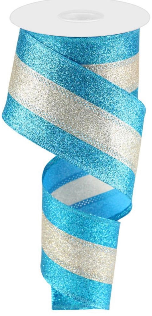 10 Yards - 2.5" Wired Turquoise and Champagne Heavy Glitter Stripe Ribbon