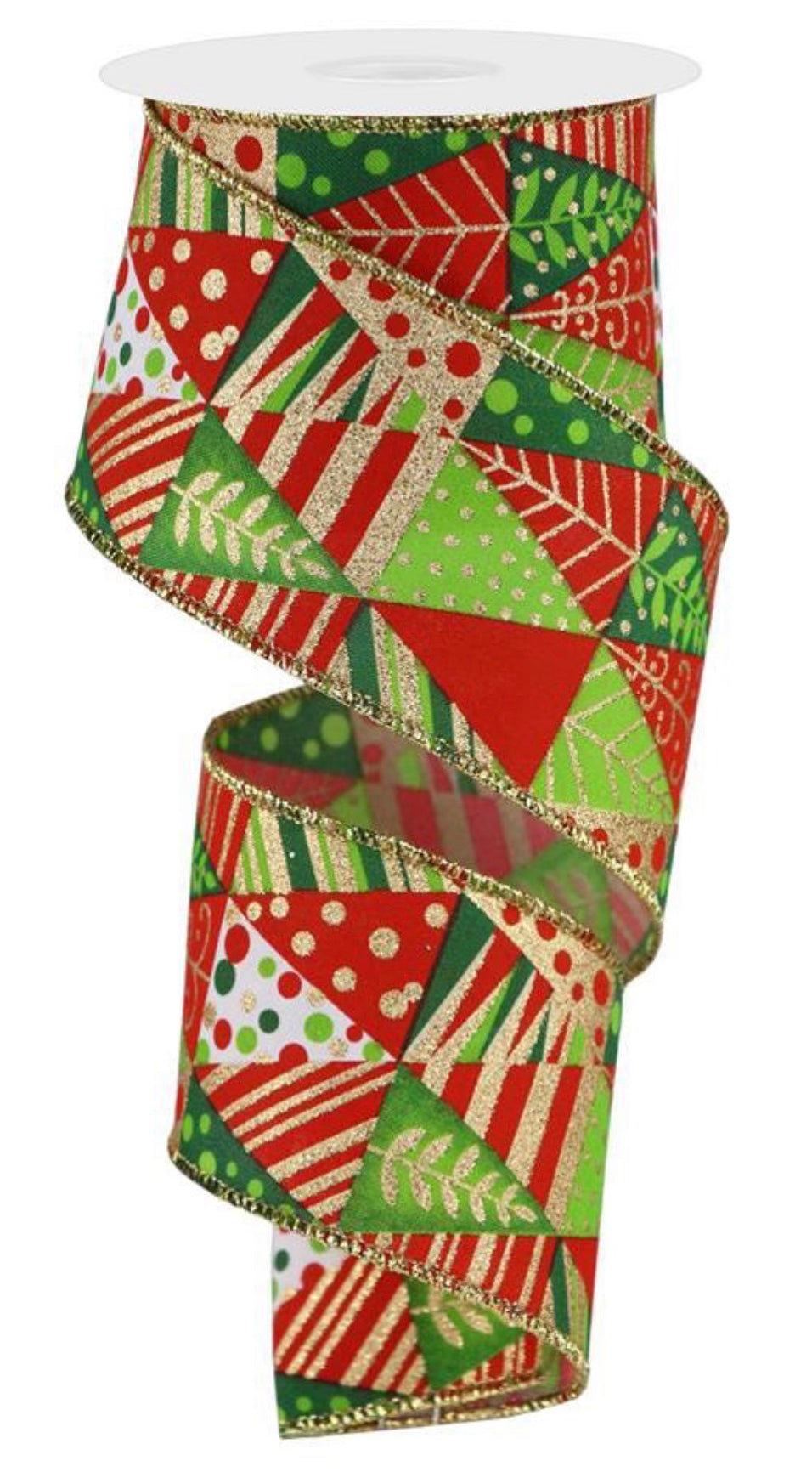 10 Yards - 2.5" Wired Abstract Triangle Pattern Christmas Ribbon with Gold Glitter Accent