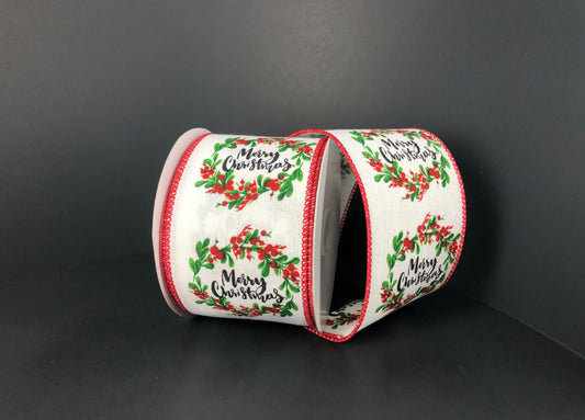 10 Yards - 2.5" Wired White Background Merry Christmas Wreath Ribbon