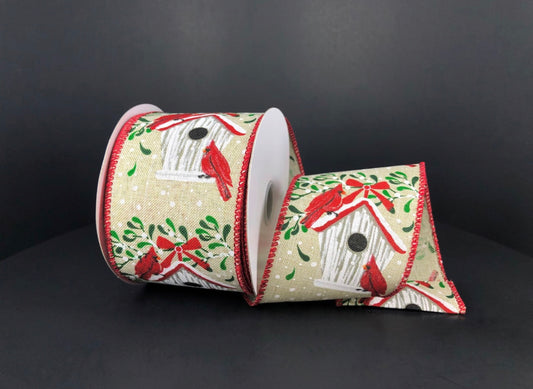 10 Yards - 2.5" Wired Natural Background Red Cardinal Birdhouse Winter Ribbon with Glitter Accent