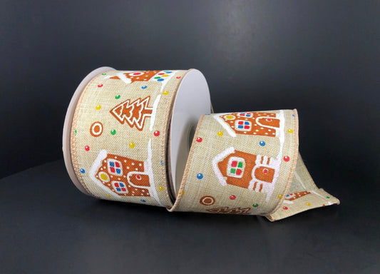 10 Yards - 2.5” Wired Christmas Gingerbread House Ribbon with Glitter Accent