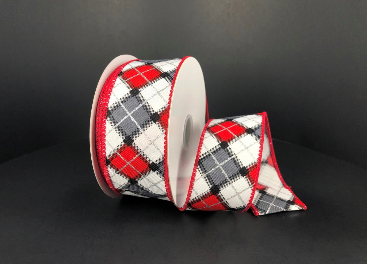 10 Yards - 1.5" Wired Red, Gray, and White Diamond Plaid Christmas Ribbon with Silver Glitter