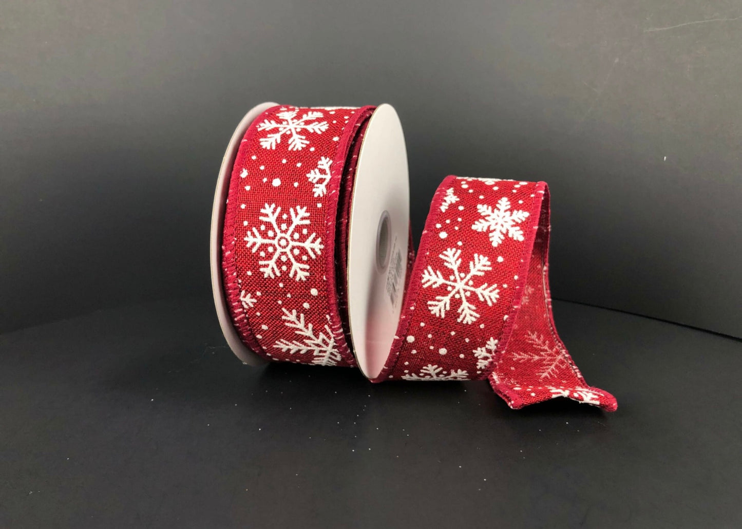 10 Yards - 1.5” Wired Dark Red Glitter Snowflake Ribbon