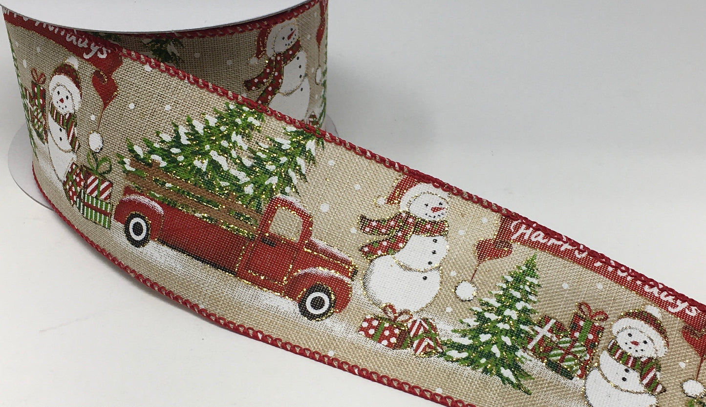 10 Yards - 2.5" Wired Red Truck Snowman Christmas Ribbon with Gold Glitter Accent