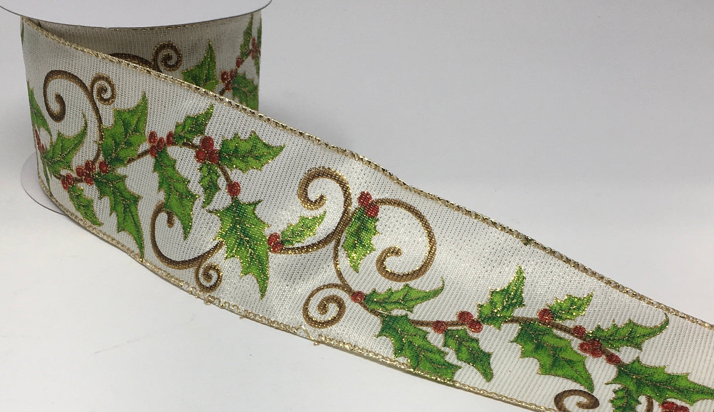 10 Yards - 2.5” Wired Cream Background Holly Berry Christmas Ribbon with Metallic Gold Accent