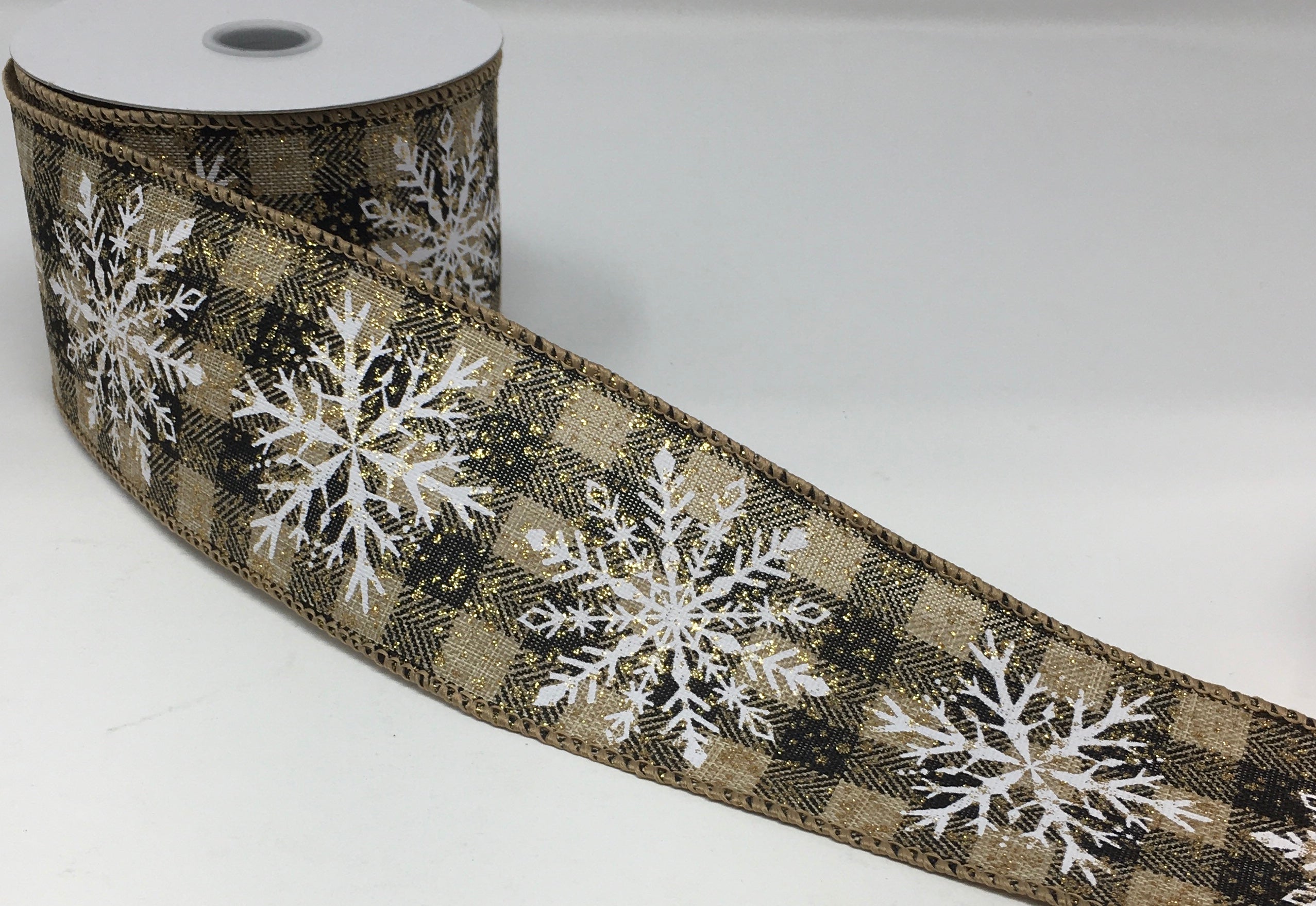 Snowflake Ribon 10 Yards - 2.5” Wired Natural and Black Check Snowflake Ribbon with Go ...