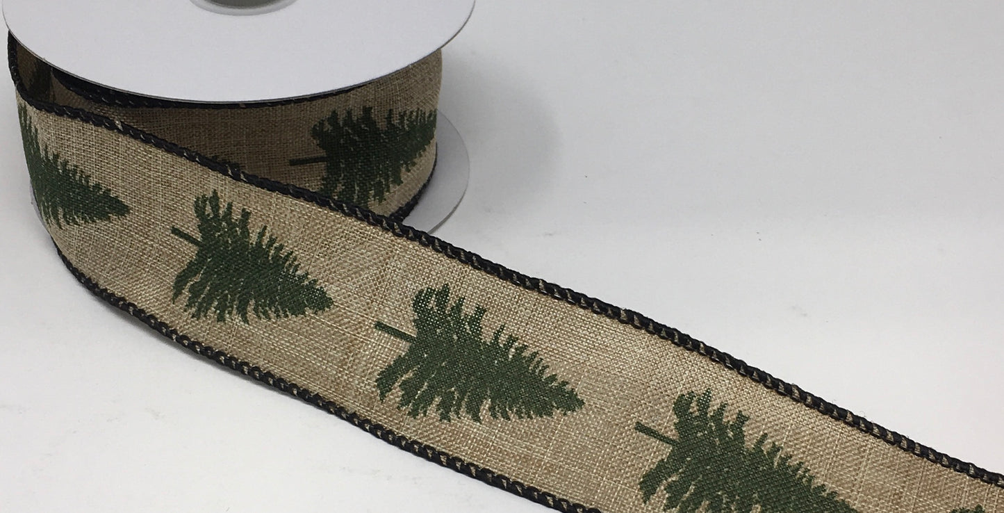 10 Yards - 1.5” Wired Natural Background Green Christmas Tree Ribbon