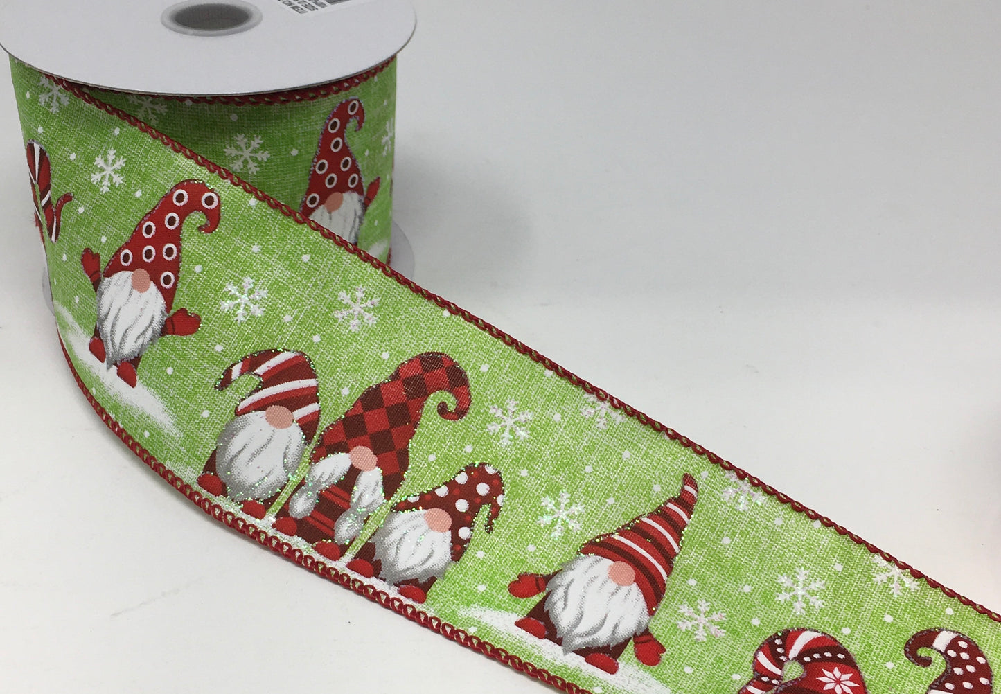 10 Yards - 2.5" Wired Lime Green Background Christmas Gnome Ribbon