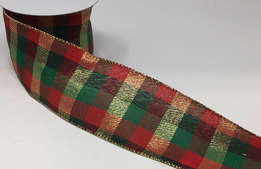 10 Yards - 2.5” Wired Christmas Check with Metallic Gold Edge Ribbon