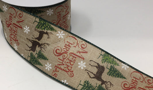 10 Yards - 2.5” Wired Natural Background Merry Christmas Woodland Deer Ribbon with Gold Glitter Accent
