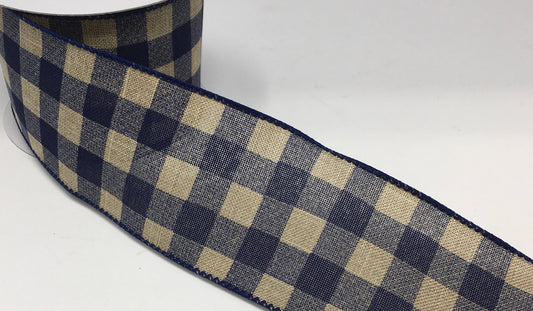 10 Yards - 2.5" Wired Navy Blue and Tan Check Ribbon