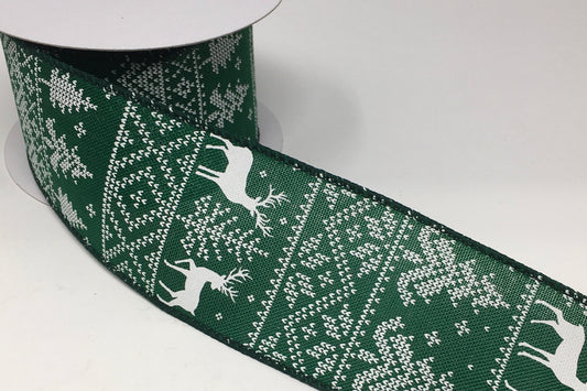 10 Yards - 2.5” Wired Green Background Woodsy Deer Ribbon
