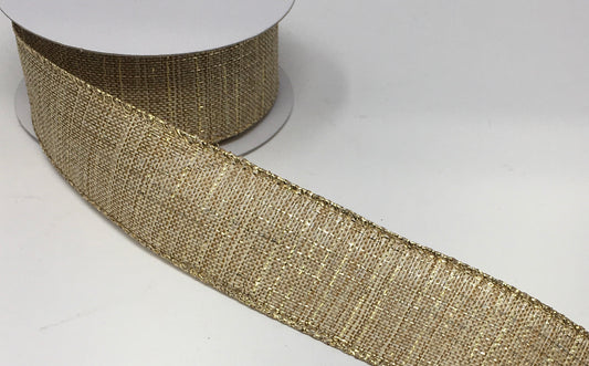 10 Yards - 1.5" Wired Natural Background with Gold Stitched Accent