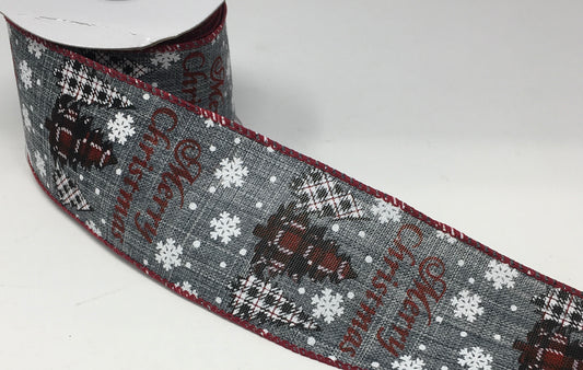 10 Yards - 2.5” Wired Merry Christmas Plaid Tree on Gray Background Ribbon