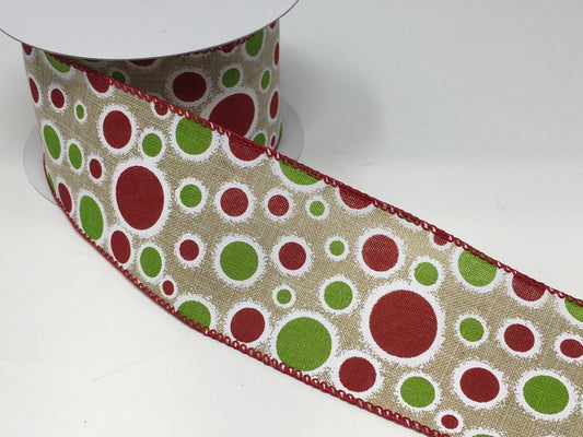 10 Yards - 2.5” Wired Natural Background Red and Green Christmas Polka Dot Ribbon