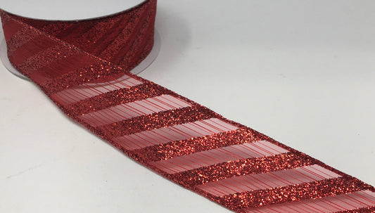 10 Yards - 1.5" Wired Red Semi-Sheer Glitter Christmas Ribbon