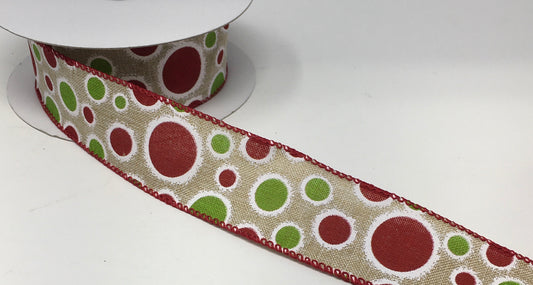 10 Yards - 1.5” Wired Natural Background Red and Green Christmas Polka Dot Ribbon