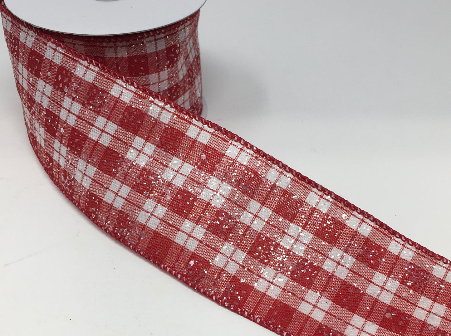 10 Yards - 2.5" Wired Red and White Check Christmas Ribbon with Glitter Accent