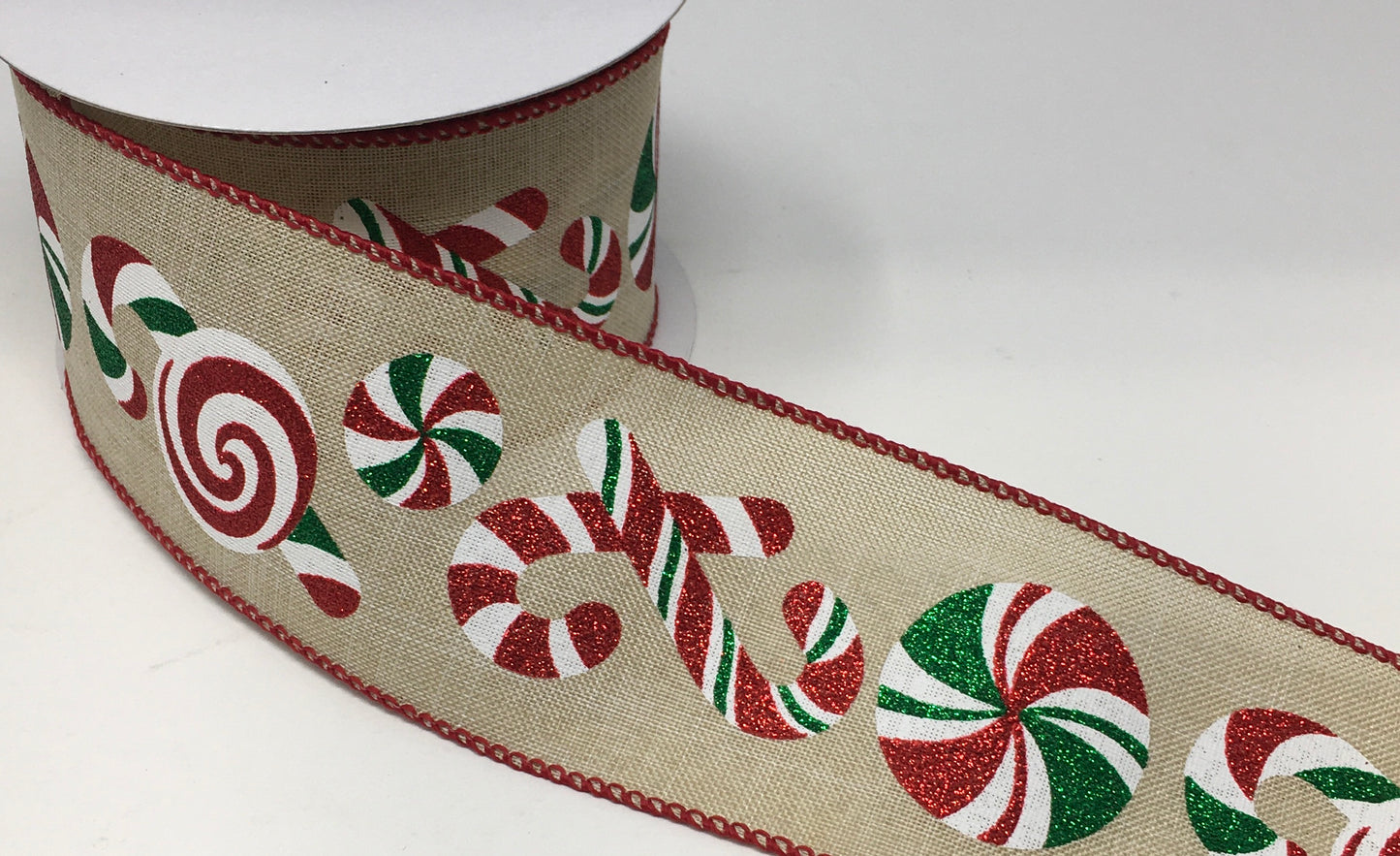 10 Yards - 2.5” Wired Natural Background Peppermint Swirl Christmas Ribbon