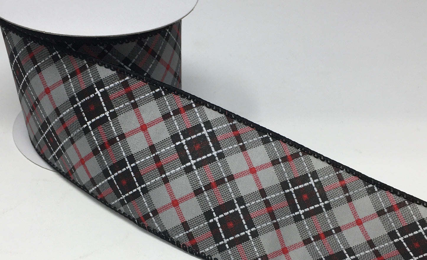 10 Yards - 2.5” Wired Gray, White, Red, and Black Cross Check Ribbon