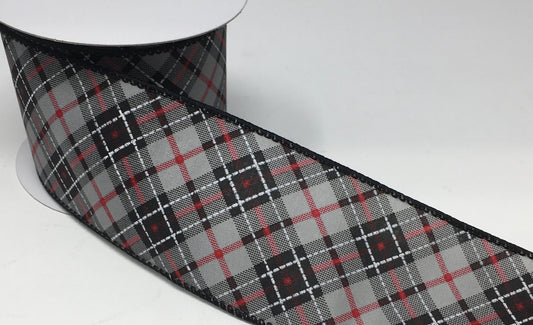 10 Yards - 2.5” Wired Gray, White, Red, and Black Cross Check Ribbon