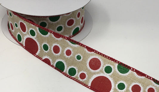 10 Yards - 1.5” Wired Natural Background Red and Green Christmas Polka Dot Ribbon