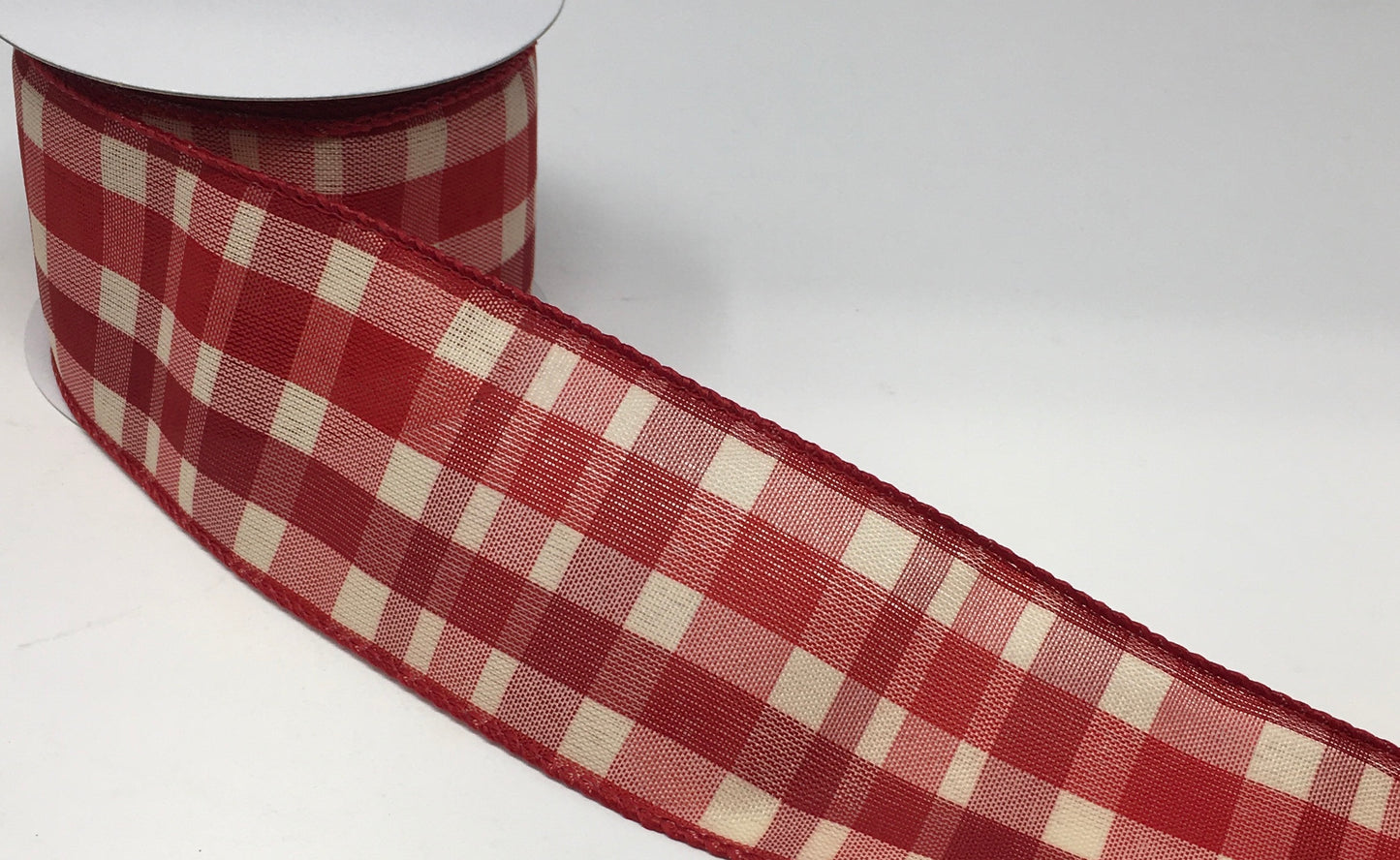 10 Yards - 2.5" Wired Red and Cream Check Ribbon