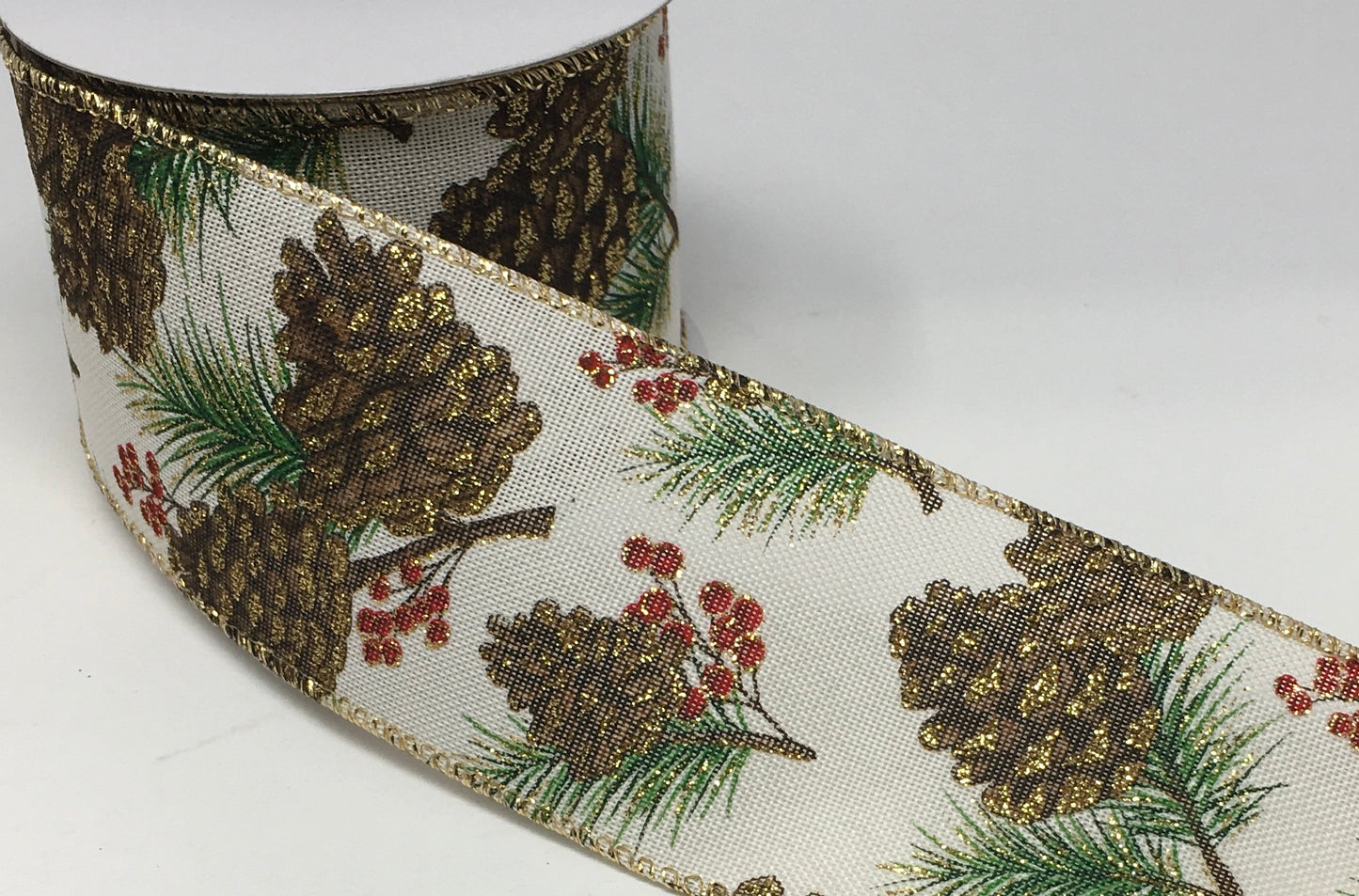 10 Yards - 2.5" Wired Christmas Pinecone Ribbon with Gold Glitter Accent