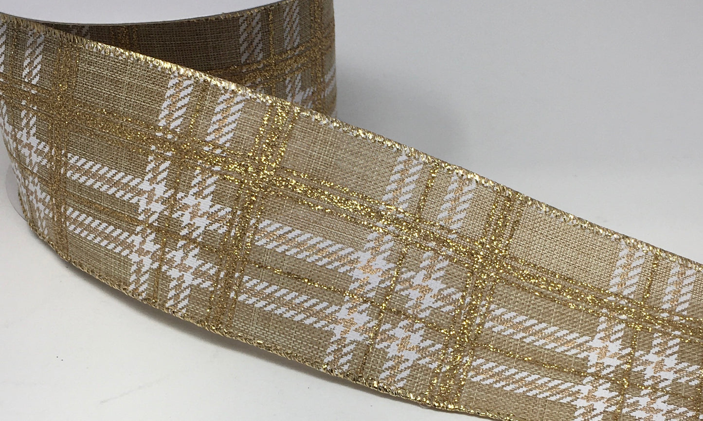 10 Yards - 2.5" Wired Natural, Gold, and White Christmas Plaid Ribbon with Glitter Accent