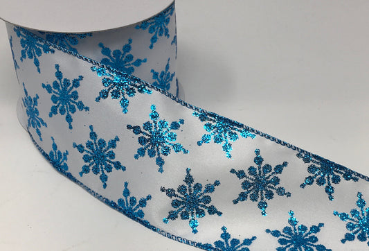 10 Yards - 2.5” Wired Blue and White Glitter Swirl Christmas Ribbon