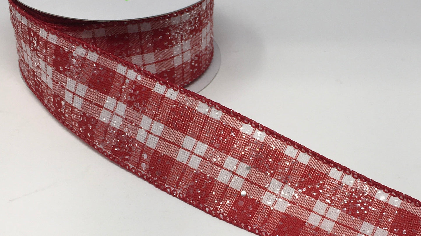 10 Yards - 1.5" Wired Red and White Check Christmas Ribbon with Glitter Accent