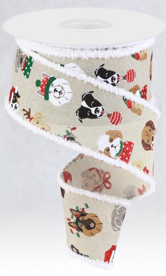 10 Yards - 2.5” Wired Natural Background Christmas Pooch Dog Ribbon with Glitter Accent and Snowdrift Edge
