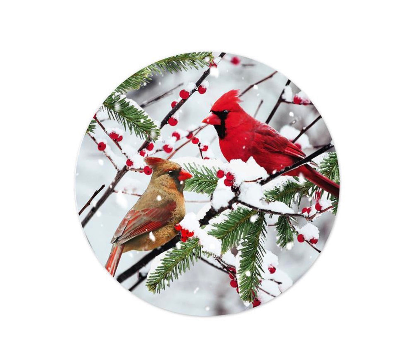 8” Round Metal Winter Cardinal Christmas Wreath Sign