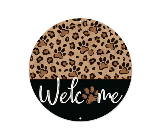 8” Round Metal Welcome Paw Print Pet Lover Wreath Sign