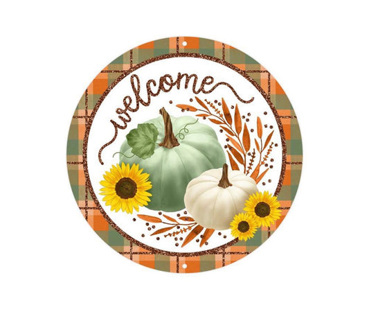 8” Round Metal Welcome Pumpkin Fall Wreath Sign with Glitter Accent