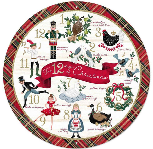 12” Round Metal The 12 Days of Christmas Wreath Sign with Glitter Accent