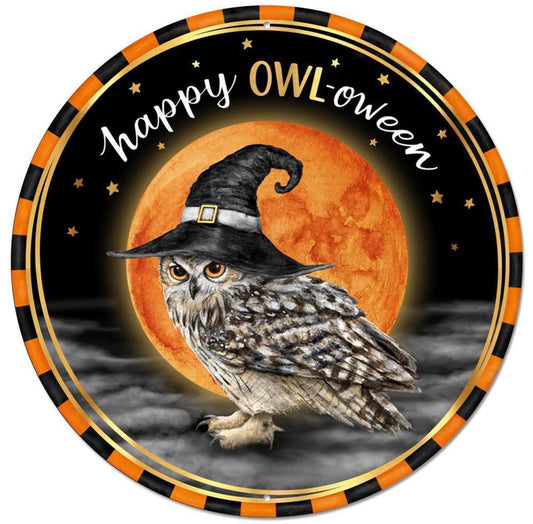 12” Round Metal Happy Owl-oween Wreath Sign