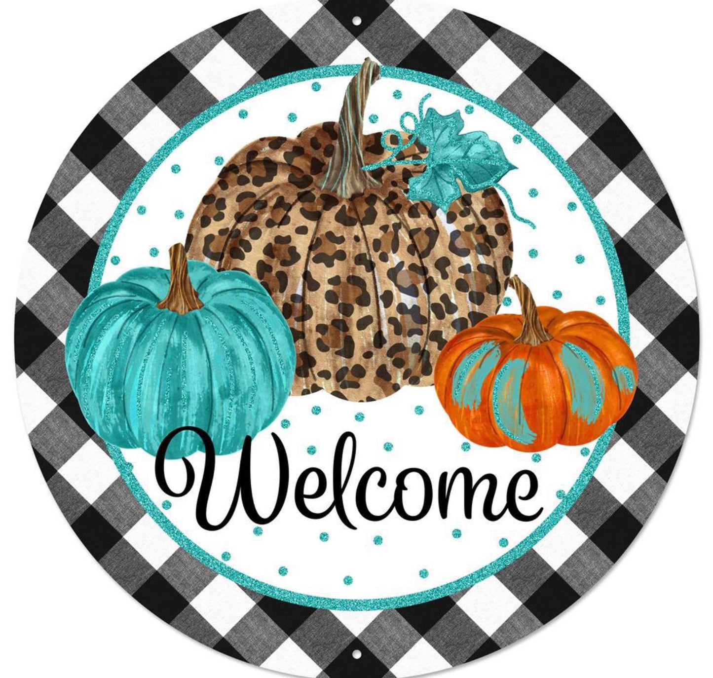 12” Round Metal Welcome Cheetah Pumpkin Wreath Sign with Glitter Accent