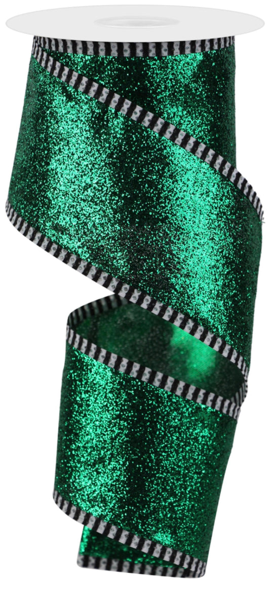 10 Yards - 2.5” Wired Emerald Green Heavy Glitter Ribbon with Stripe Edge