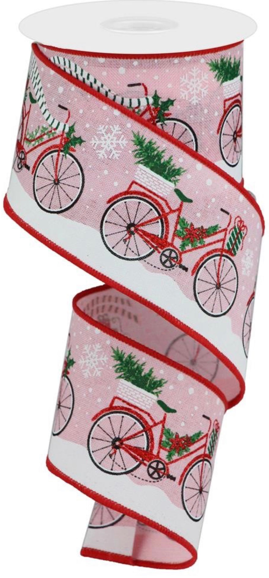 10 Yards - 2.5" Wired Pink Background Christmas Bicycle Ribbon with Red Glitter Accent