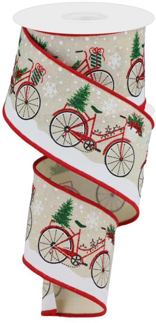 10 Yards - 2.5" Wired Natural Background Christmas Bicycle Ribbon with Red Glitter Accent