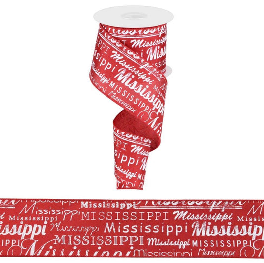 10 Yards - 2.5" Wired Red and White Mississippi Sports Ribbon