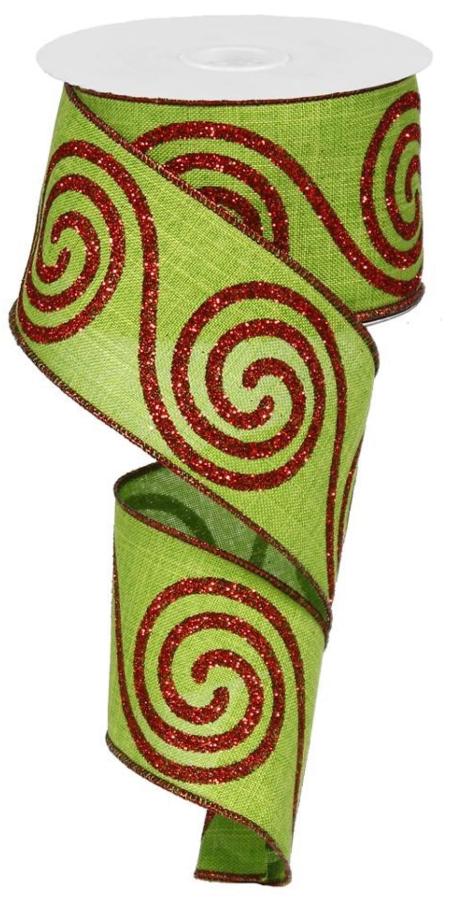 10 Yards - 2.5” Wired Lime Green and Red Sparkle Swirl Christmas Ribbon