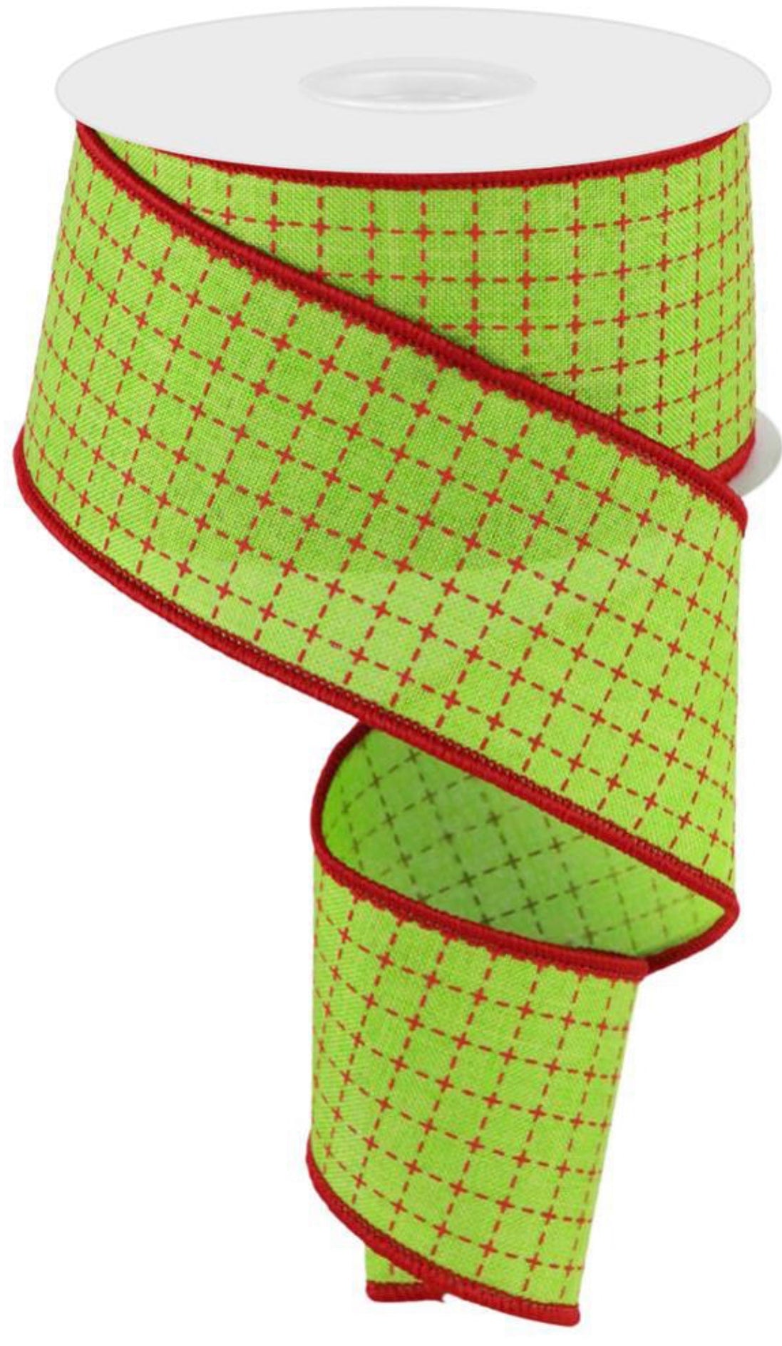 10 Yards - 2.5” Wired Lime Green and Red Stitched Check Christmas Ribbon