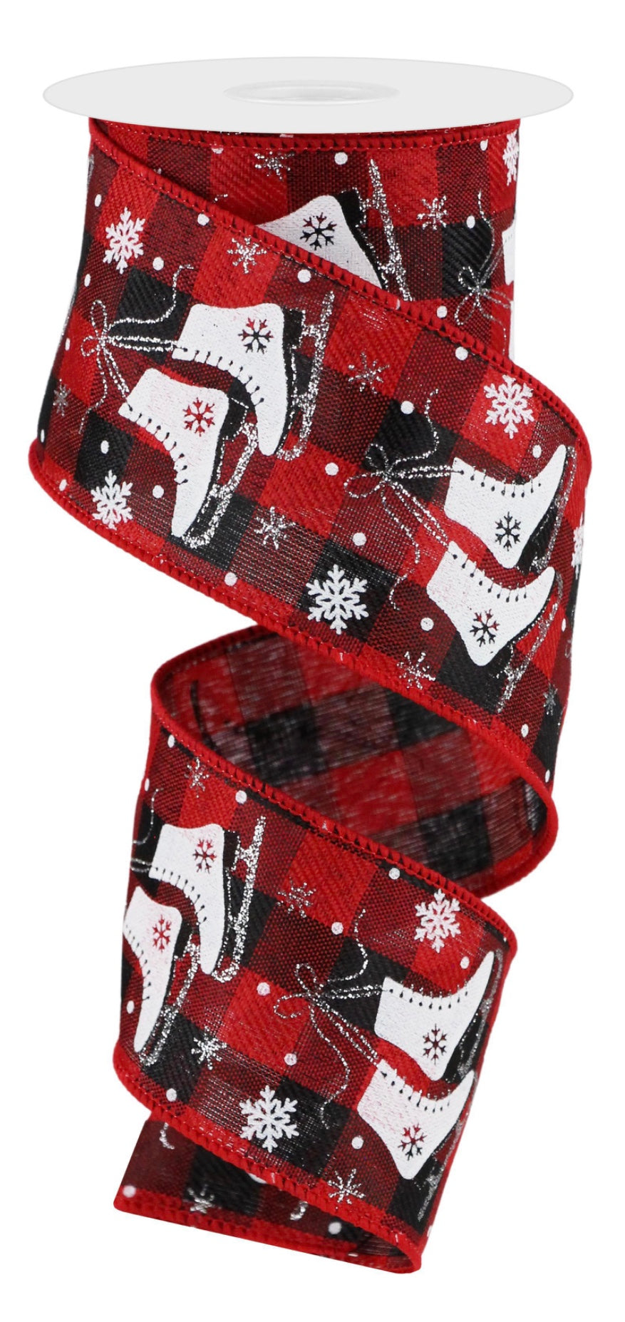 10 Yards - 2.5" Wired Black and Red Check Background Winter Ice Skates Ribbon with Snowflakes and Glitter Accent