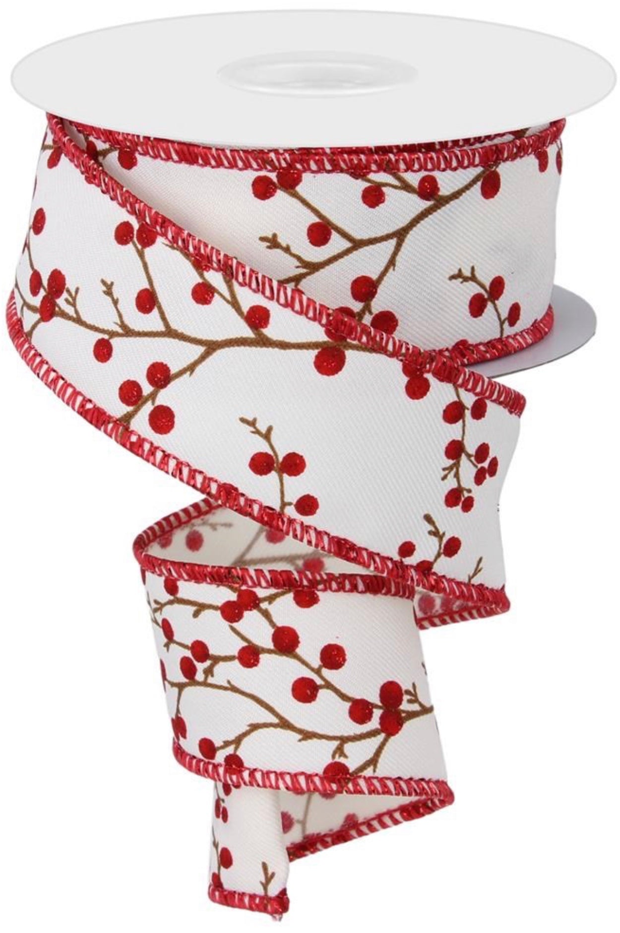 10 Yards - 1.5" Wired Cream Background Red Berry Winter Ribbon with Glitter Accent